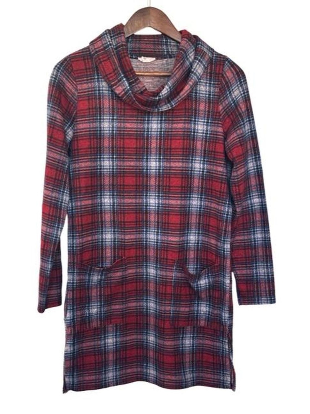 Plaid Cowl Neck Red Tunic Sweater